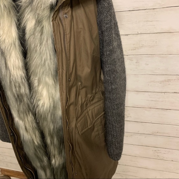 Vera Wang Green Khaki Faux Fur Trim Mixed Media Parka - Picture 14 of 17